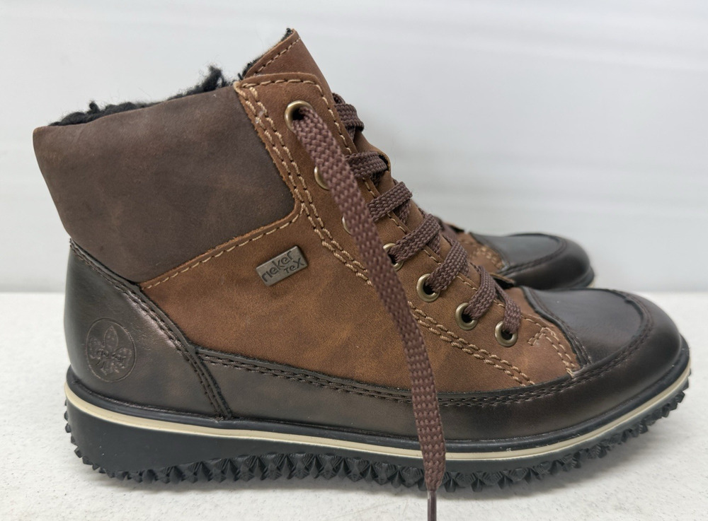 Reiker Tex Leather Bootie Womens 37 /6.5 Fur Lined Side Zip Lace Up Ankle Boots